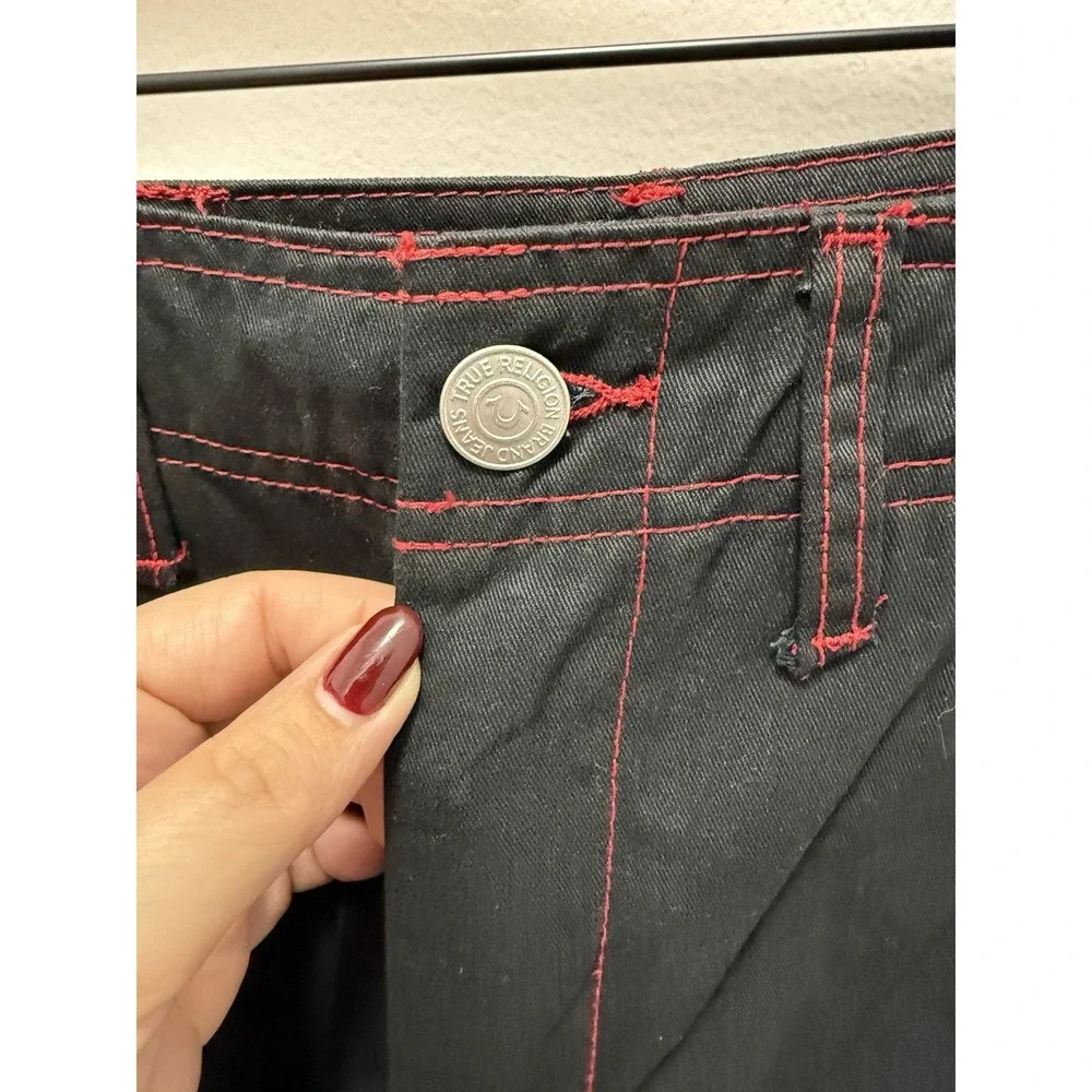True Religion Mens 32 Black Cargo Pants Red Stitch Wide Leg Y2K Streetwear NWT
